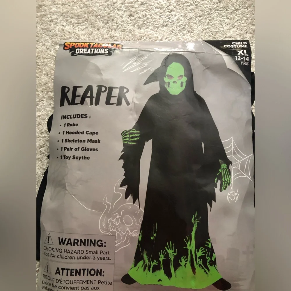 Spooktacular Creation Glow in Dark Grim Reaper Costume Halloween Boy sz XL 12-14
